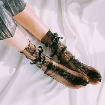 Güney Kore Kadın Kız Örgü Çorap Şeffaf Orta Dantel Yay Dantel İpliği Gevşek Çorap Kadın Moda