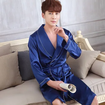 L-XXL Erkek Gevşek Robe elbise Casual turn-aşağı Yaka Gecelik Saten Pijama İlkbahar Yaz Yeni Kimono Bornoz Cep Pijama