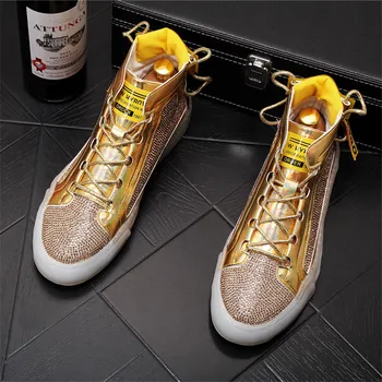 Gümüş Rhinestone Çivili Sneakers Erkekler Lace Up Yuvarlak Ayak Yüksek Üst Perçin Dantel-up düz ayakkabı Erkek Moda makosen ayakkabı 110