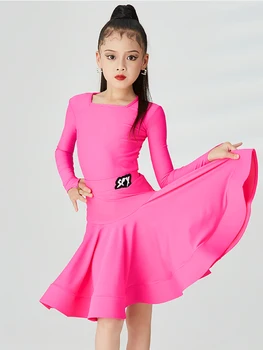 Çocuk Latin Dans Yarışması Giyim Kızlar Uzun Kollu Pembe Elbise Takım Elbise Latin Eğitim Kıyafetleri Cha Cha Dans Elbise DNV17648