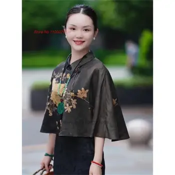 2023 ulusal çiçek baskı saten pelerin ceket kadın oryantal vintage qipao üstleri kadın retro tang takım elbise oryantal etnik hanfu tops