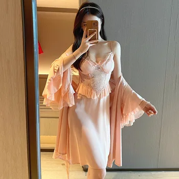 Seksi dantel kesik dekolte Twinset Elbise Seti Kadınlar Gelin Kimono Bornoz Elbisesi Saten Ipek Pijama askısı Gecelik samimi ıç çamaşırı