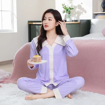 Kadın Pijama Seti Bahar Sonbahar Uzun kollu Hırka Bebek Yaka Patchwork Pijama Kadın Kore İki parçalı Set Ev Giysileri