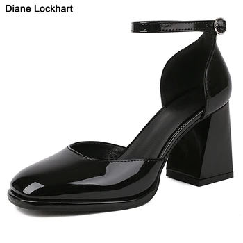 Moda kadın Ayak Bileği Kayışı Ayakkabı Mary Jane Tarzı Bayan Ayakkabı Sığ Yuvarlak Ayak 7cm Tıknaz Topuklu Kadın Seksi Slingback Pompaları 2023