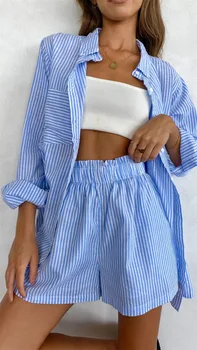 Kadın Pijama Şerit İki Parçalı Setleri 2023 Yaz Gevşek Uzun Kollu Gömlek Üstleri Şort Takım Elbise Ev Giysileri Rahat Kadın Kıyafetler