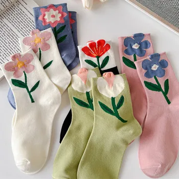 Sonbahar Kadın Çorap Japon Tarzı Kız Çiçek Kısa Çorap Rahat Harajuku Kawaii Lale Çiçek Kadın Pamuk Çorap