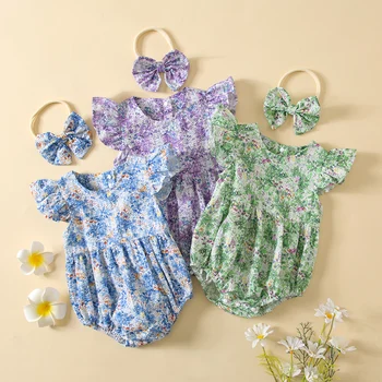FOCUSNORM 0-24M Yaz Bebek Kız Tatlı Romper 2 adet Giyim Ruffles Sinek Kollu Çiçekler Baskılı Tulumlar Kafa Bandı