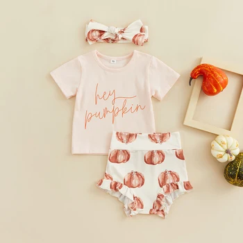 FOCUSNORM 3 adet Bebek Kız Erkek Sevimli Giyim Setleri 0-24M Kabak Mektup Baskı Kısa Kollu Üstleri Şort saç bandı seti
