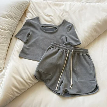 Kadınlar için iki Parçalı Pijama Şort Setleri 2023 Pijama Cep Pijama Salonu Rahat Yaz gecelik Kore Ev Takım Elbise Kıyafet