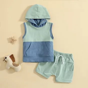FOCUSNORM 0-24M Bebek Bebek Erkek günlük kıyafetler Setleri 2 adet Renk Patchwork Kolsuz Kapşonlu Yelek Üstleri + Şort