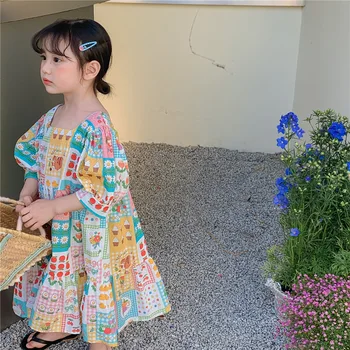 Kız Elbise 2022 Yaz Yeni Bebek Kız Karikatür Dantel Puf Kollu Pamuklu Prenses Elbise yaz elbisesi Çocuk Elbise