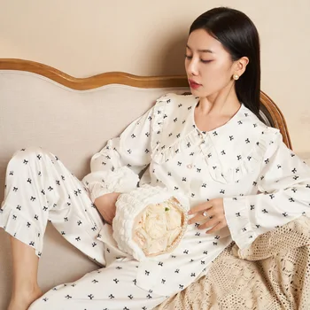 Bahar Lüks Buz İpek Pijama Seti Yay Baskılı Saten Ruffles Prenses Yaka Uzun Kollu Gömlek Pantolon Yumuşak Pijama Gecelik