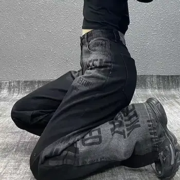 Tasarımcı Streetwear Y2k Siyah Kot Pantolon Erkekler Yüksek bel Geniş bacak Büyük Boy Pantolon Degrade Moda Tam boy Uzun Pantolon 2023