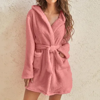 Kapşonlu Ev Peluş Pijama 2023 Sonbahar Ve Kış Kapşonlu Ev Peluş Elbiseler Cep Düz Renk Sıcak Bornoz Kadın