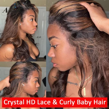 Ombre Vurgulamak Renkli Kristal HD 360 Dantel Frontal insan saçı peruk Tutkalsız Şeffaf 13x4 Dantel ön peruk Kıvırcık Bebek Saç Dalgalı