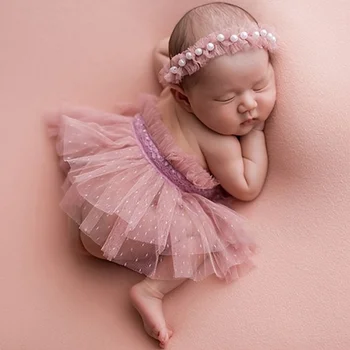 Bebek Fotoğraf Sahne Kıyafet Dantel Tül Etek + Dantel Kafa Bandı Yenidoğan Bebek Kız Fotoğraf Aksesuarları