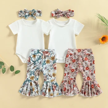 FOCUSNORM 0-24M Bebek Bebek Kız Giysileri Setleri 3 adet Kısa Kollu Katı Romper Çiçek Baskı Flare Pantolon İlmek Kafa Bandı