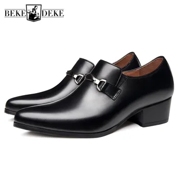 Yüksek Topuk Ayakkabı Erkekler Hakiki Deri Nefes Sivri Resmi Ayakkabı Loafer'lar İngiltere Tarzı En Kaliteli Siyah Ofis Ayakkabı