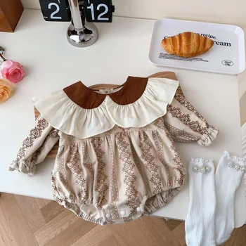 Yeni Bebek Vintage Tulum Sonbahar Bahar Ins Uzun Kollu Ruffled Yaka Bebek Kız Romper Tatlı Tarzı Tulum Kıyafet Giysileri