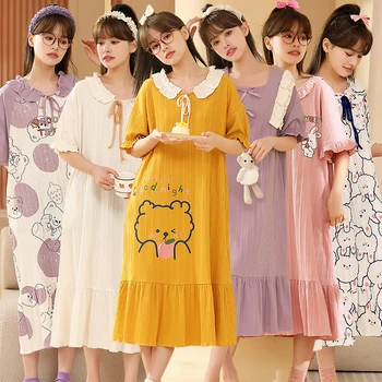 2023 Yaz Artı Boyutu Kısa Kollu Pamuklu Gecelikler Kadınlar için Kore sevimli Karikatür Pijama Gecelik gece elbisesi Ev Nighty