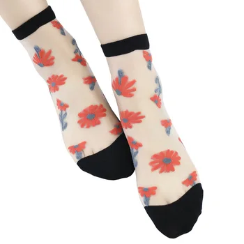 Kadın Fantezi Renkli Çiçek Desenleri tam örgü Çorap Şeffaf Dantel İnce Fishnet Yaz Ayak Bileği Çiçek Çorap