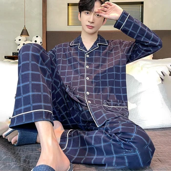 Erkekler pamuklu pazen Pijama Seti Uzun Kollu Üst Ekose Dipleri Pijama Gecelik Ev Giyim Takım Elbise Sonbahar Kış Pijama Giysileri