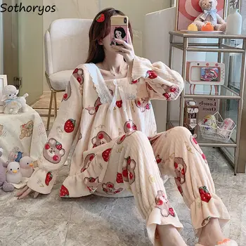 Pijama Setleri Kadın Yay Mercan Polar Kalın Karikatür Baskılı Kıyafeti Kadın Tatlı Prenses Tarzı Ins Gecelik Sıcak Şık Pijama