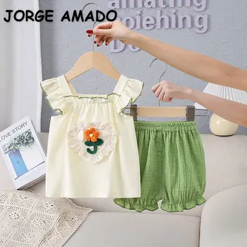 Yeni Yaz Bebek Kız Setleri Kolsuz Kare Yaka Yelek + Yeşil PP Şort Yenidoğan Giyim Bebek Kıyafet Seti E00370