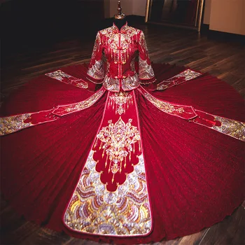 Oriental Embroidery Bride Costume Golden Embroidery Modern Classic Wedding Dress  Cheongsam China Qipao костюм для восточных