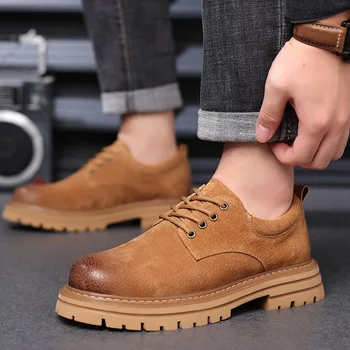 Yuvarlak İpucu Hakiki Deri Erkek iş ayakkabısı Lace Up Yürüyüş kısa çizmeler Takım Ayakkabı