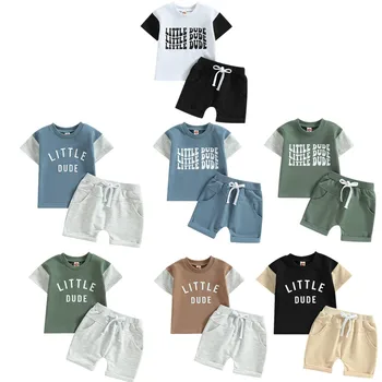 Toddler bebek Erkek yaz kıyafetleri Mektup Baskı kısa kollu tişört ve Haddelenmiş Hem Elastik şort takımı