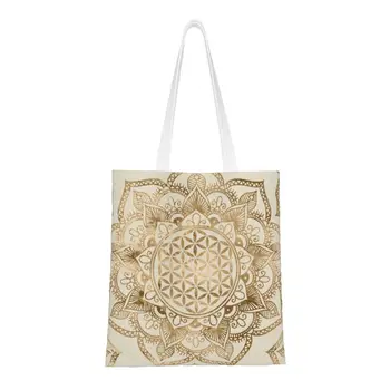 Mandala Çiçek Lotus Bakkal Alışveriş Çantaları Baskılı tuval Alışveriş kol çantası Çanta Kutsal Geometri Çanta