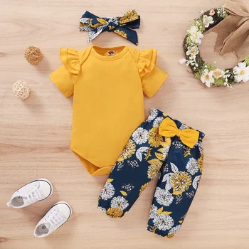 Yenidoğan Bebek Kız Giyim Seti Bebekler Bebek Kız Kısa Kollu Bodysuit + Çiçek Pantolon Yay + Kafa Bandı 3 ADET Kıyafet