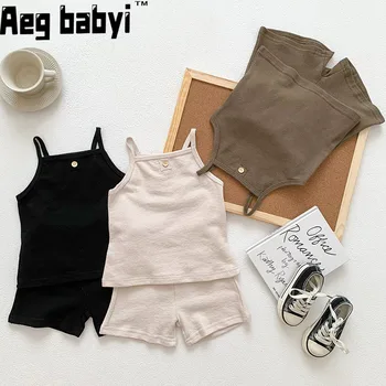 Bebek Giysileri Setleri Yaz Yeni Yürümeye Başlayan Kız Kayış Takım Elbise Pamuk Katı Erkek Bebek Üstleri Tee ve Şort Bebek Eşofman Yenidoğan Setleri