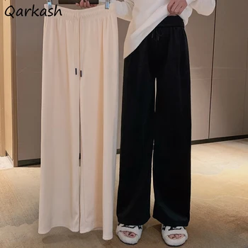 Rahat Pantolon Kadın Geniş Bacak İpli Katı Tüm Maç Streetwear Kore Tarzı Gevşek Estetik Kalın Yüksek Bel Rahat