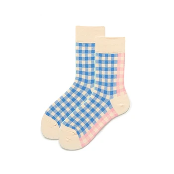 1 Çift / Basit Renk Ekose Çorap İlkbahar ve Sonbahar Pamuk İns Gelgit Kore Versiyonu Kolej Tarzı Çorap Kadın