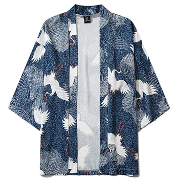 Kimono Cosplay Vinç Baskı Yukata Ceket Erkekler Kadınlar Harajuku Gömlek Haori Hırka Asya Geleneksel Kostümleri