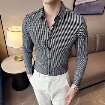 Iş Erkek Giyim Ekose Gömlek Uzun Kollu 2023 Yaz İnce Üst Beyefendi Rahat turn-aşağı Yaka moda Trendi Gömlek camisas