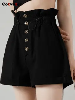 Yitimuceng Şort Kadınlar için 5 Düğme Yeni Moda Elastik Bel Rahat Siyah Şort Vintage Streetwear Y2k Yüksek Belli Şort