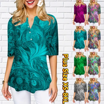 2023 Yarım Kollu bol tişört kadın Moda Baskı Kazak kadın Rahat Üç Düğme Yaz Yeni Üst V Yaka T-shirt