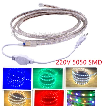 220V LED şerit ışık su geçirmez RGB şerit Led şerit 5050 Led bant 220 esnek Led şerit 220v 60Leds/M aydınlatma ab fişi ile