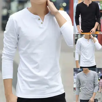 Trendy erkek T-shirt solunabilir düğmeleri dekorasyon düz renk basit bahar temel gömlek