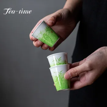 2 adet / takım El-boyalı Bambu Sanat Seramik Çay Bardağı Yaratıcı Çim Yeşil Koku Master Fincan El Yapımı Küçük Tek Çay Fincanı Hediye 45 ml