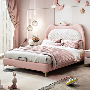 Modern ve minimalist kız 1.5 Taç 2023 yeni 1.5 m pembe prenses tek kişilik yatak, hafif ve lüks Deri masif ahşap yatak