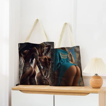 Seksi Dövme Kız Desen Eko Market alışveriş çantası Çift Taraflı Baskı Kadın Katlanabilir Keten Çanta Taşınabilir Uygun saklama kutusu