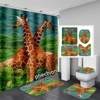 phechıon Hayvan Zürafa 3D Baskı Su Geçirmez Banyo Duş Perdesi Moda Tuvalet Kapağı Mat Kaymaz Zemin Mat (1/3/4 Adet) W83