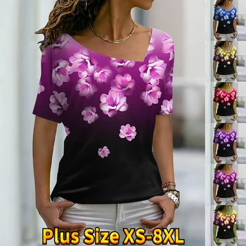 Kadın Moda Yeni Gül Çiçek Baskı Tema T-Shirt V Yaka Temel Gömlek Artı Boyutu Gömlek Üst Yaz / 3D Baskı