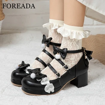 FOREADA Kadın Ayak Bileği Kayışı Lolita Ayakkabı Platformu Yuvarlak Ayak Pompaları Kalın Yüksek Topuk Toka Ayakkabı Yay Kadın Ayakkabı Sonbahar Pueple