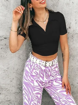 Örgü Y2K Streetwear turn-aşağı Yaka Kadın T-shirt Seksi Bayan Sevimli Kawaii Mini Kırpma Üstleri Yaz 2023 Siyah Beyaz Tees H083