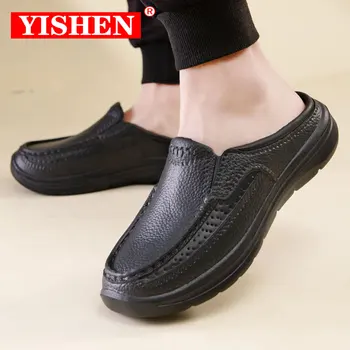 YISHEN deri ayakkabı erkek terlikleri Şef Ayakkabı Sürüş Yüksek Kaliteli iş ayakkabısı Özlü Siyah Slaytlar Zapatillas De Piel Para Hombre